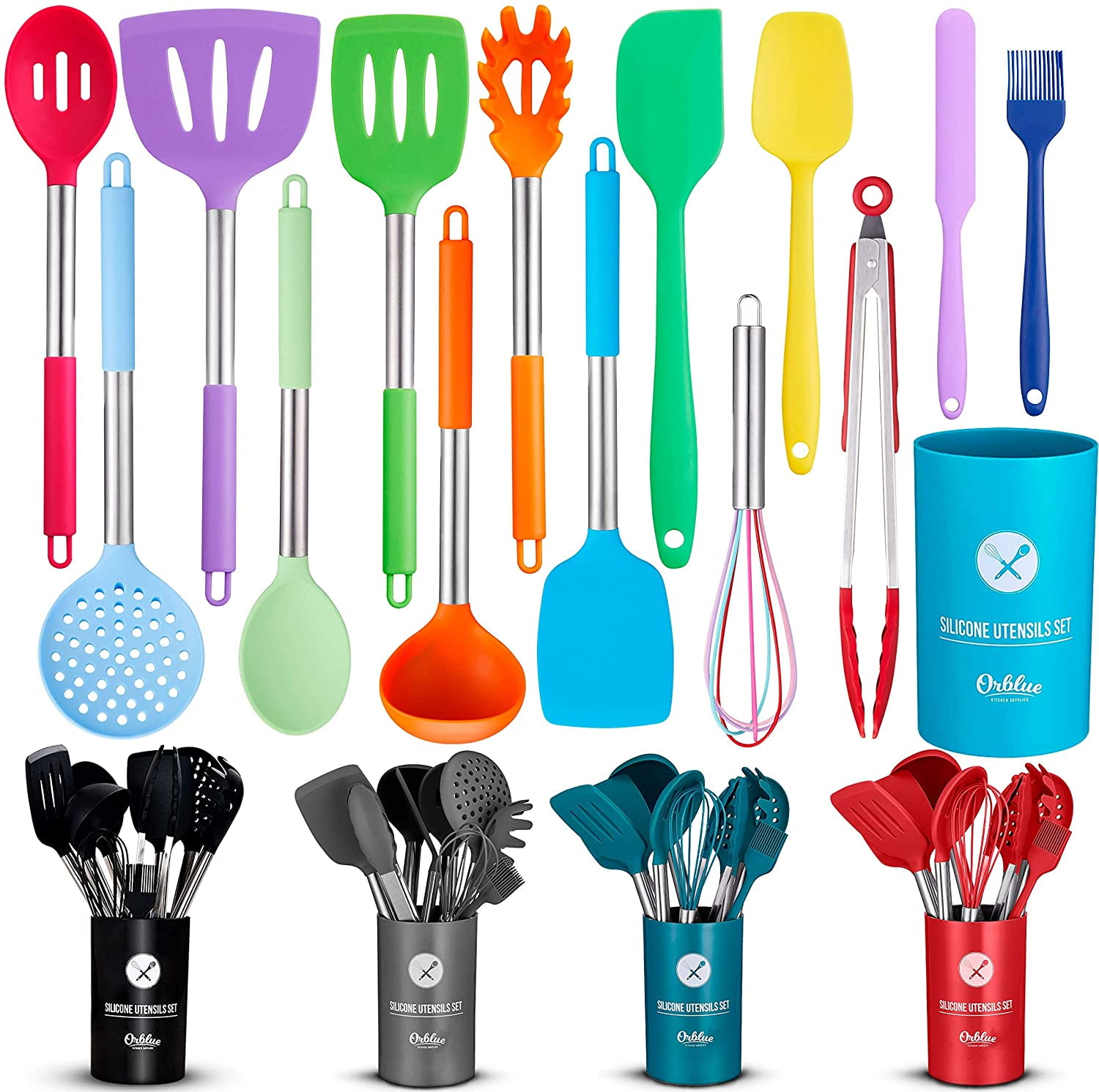 Orblue Silicone Cooking Utensil Set, 14-Piece Kitchen Utensils with Holder,  Safe Food-Grade Silicone Heads and Stainless Steel Handles with Heat-Proof  Silicone Handle Covers, Multi-Colored 