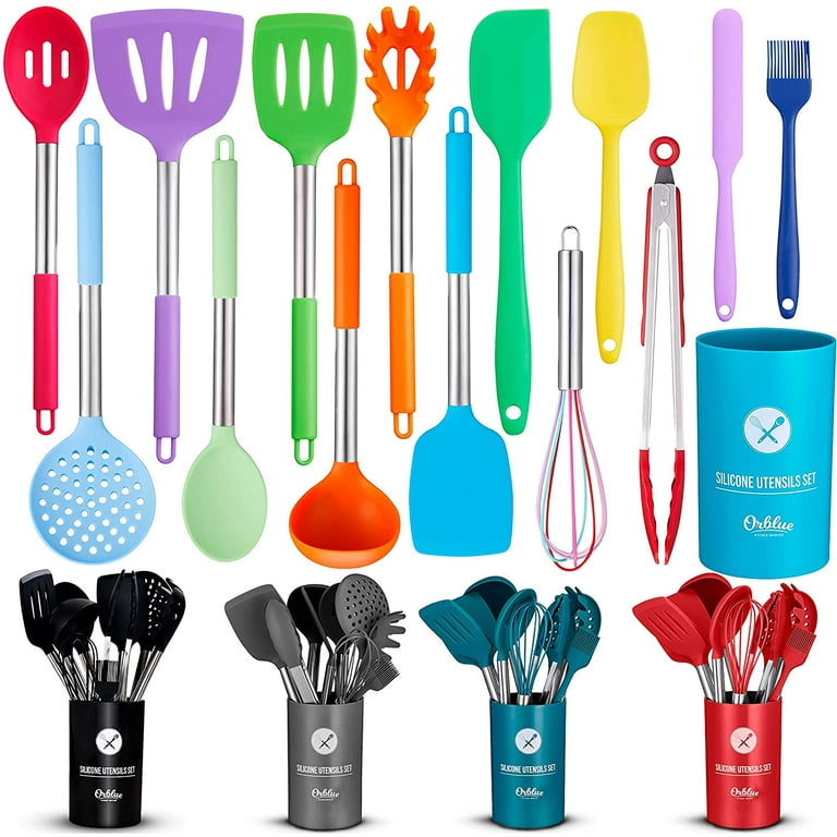 Orblue Silicone Cooking Utensil Set, 14-Piece Kitchen Utensils with Holder,  Safe Food-Grade Silicone Heads and Stainless Steel Handles with Heat-Proof