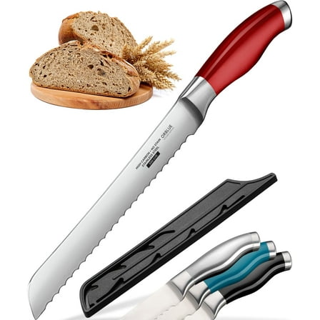 Orblue Serrated Bread Knife Ultra-Sharp Stainless Steel Professional Grade Bread Cutter - Cuts Thick Loaves Effortlessly - (8-Inch Blade with 4.9-Inch Handle), Red