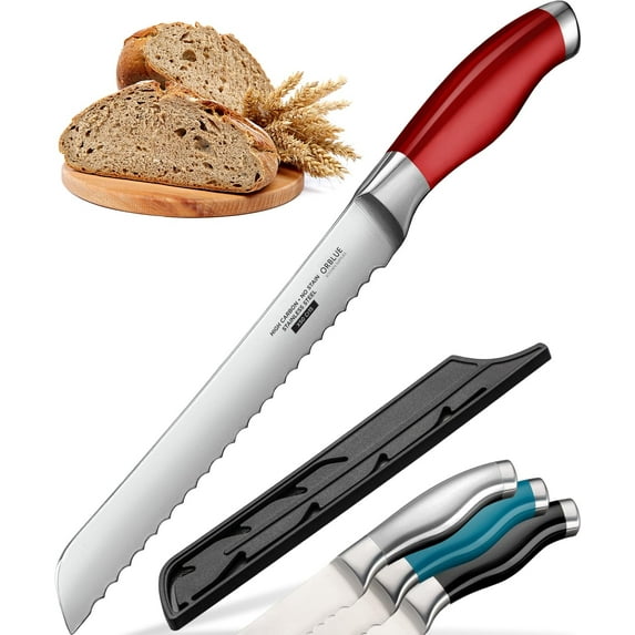 Orblue Serrated Bread Knife Ultra-Sharp Stainless Steel Professional Grade Bread Cutter - Cuts Thick Loaves Effortlessly - (8-Inch Blade with 4.9-Inch Handle), Red