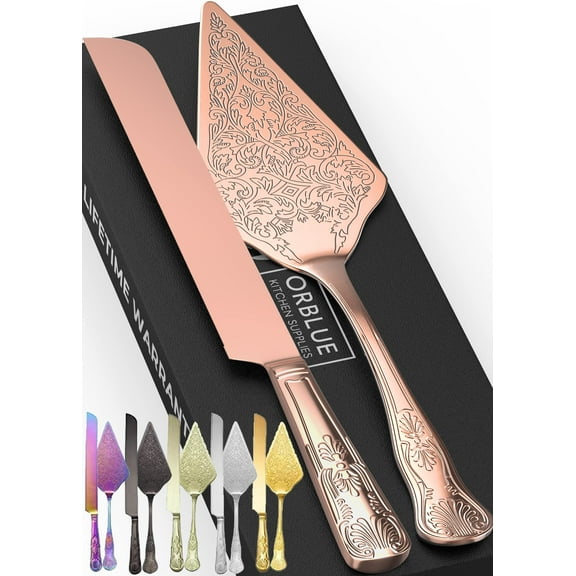 Orblue Wedding Cake Knife and Server Set - Premium, Beautifully Engraved Cutting Set - Elegant Keepsake for Newlyweds Rose Gold