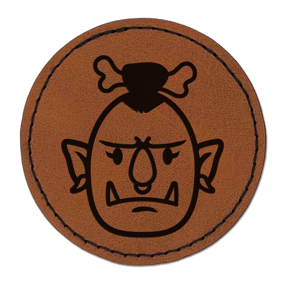 Orc Female Character Face 2.5" Faux Leather Round Engraved Iron-On Patch - Brown