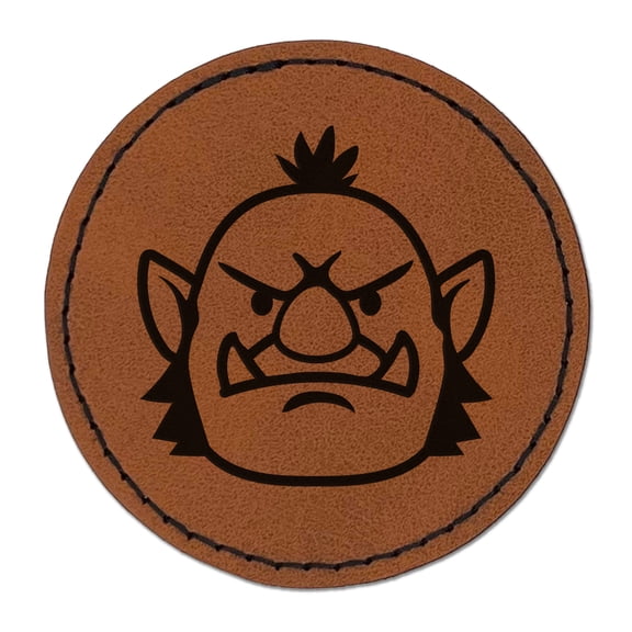 Orc Male Character Face 2.5" Faux Leather Round Engraved Iron-On Patch - Brown
