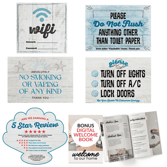 Orca 5 Essential Airbnb Signs for Hosts (Coastal) – No Smoking, Do Not Flush, Wifi Password Dry Erase Magnet, Turn Off Lights & AC Reminder, and Guest Review Request