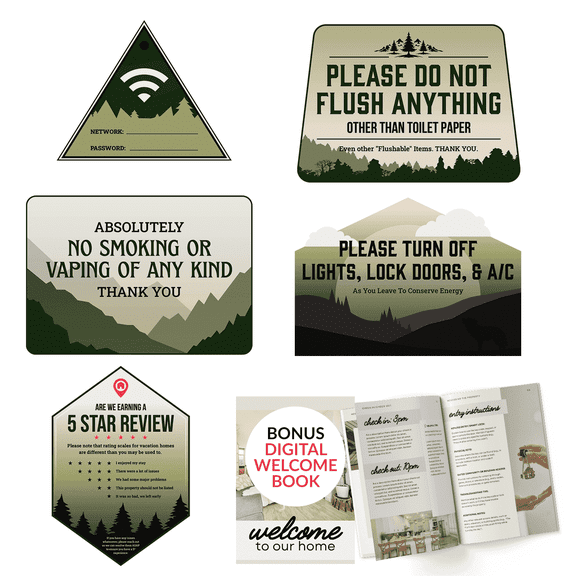 Orca 5 Essential Airbnb Signs for Hosts (Woodland) – No Smoking, Do Not Flush, Wifi Password Dry Erase Magnet, Turn Off Lights & AC Reminder, and Guest Review Request
