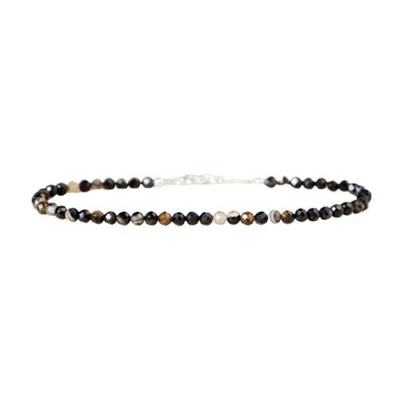Orca Agate 3mm Round Shape Faceted Cut Beads 7 inch Adjustable Silver Plated Clasp Bracelet for men, women, unisex. Link Chain Stacking Bracelet.|LINK_05235