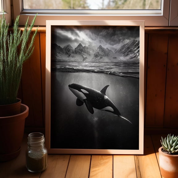 Orca Black And White Underwater Killer Whale In Arctic Waters Magical Decor Monochrome Life, Unframed Poster