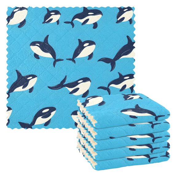 Orca Blue Pattern Dish Towels 6 Pack Kitchen Cleaning Dish Cloths Absorbent Reuseable Cleaning Cloths 11'' x 11''