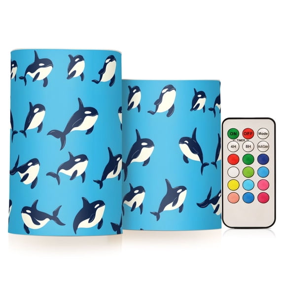 Orca Blue Pattern Flameless LED Candle Set with Remote, Battery Operated Color Changing Pillar Candles, Set of 2