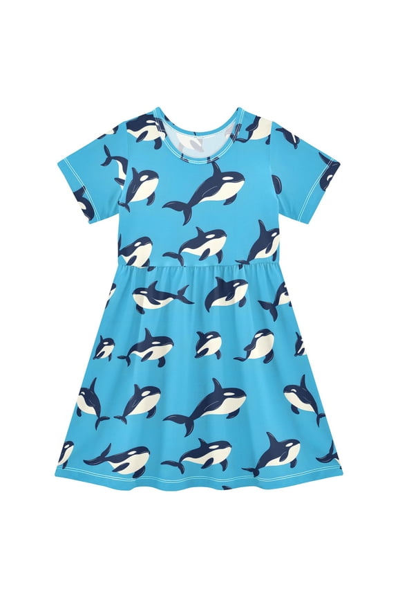Orca Blue Pattern Girls Short Sleeve Dress A Line Sun Protection Breathable Comfort Sundress 5-6T