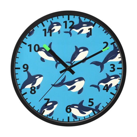 Orca Blue Pattern Wall Clock 12 Inch Voice Activated Night Light Silent Non Ticking