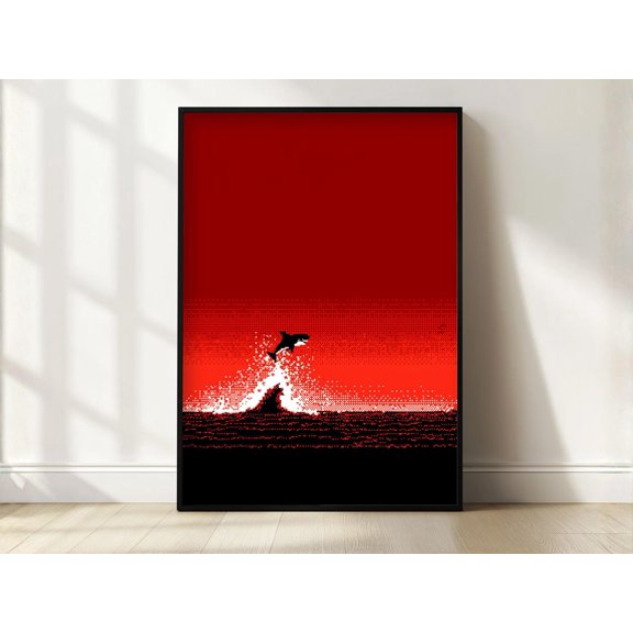 Orca Breach Pixel Art Retro 8-Bit Ocean Wall Art Minimalist, Unframed Paper Print