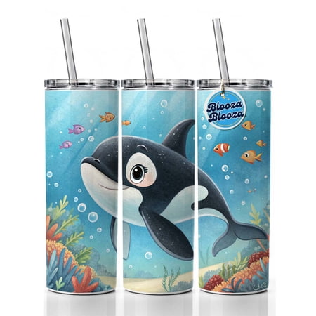Orca Killer Whale Children's Illustration Style 20oz Insulated Water Bottle Skinny Tumbler Includes Straw