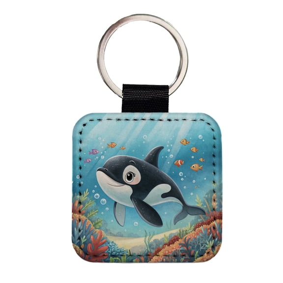 Orca Killer Whale Children's Illustration Style Faux Leather Square Keychain