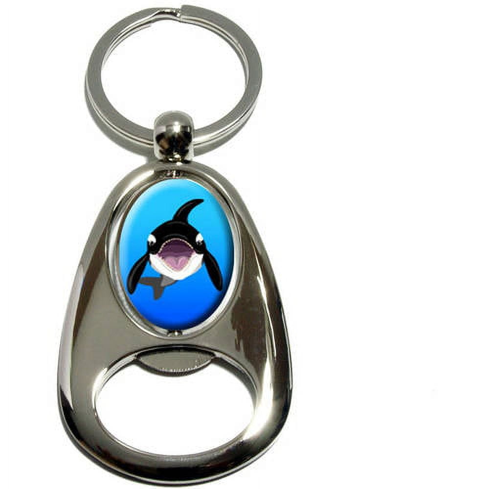 Orca, Killer Whale, Chrome Plated Metal Spinning Oval Design Bottle Opener Keychain Key Ring