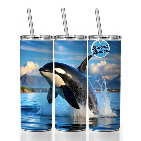 Orca Killer Whale Jumping 20oz Insulated Water Bottle Skinny Tumbler Includes Straw