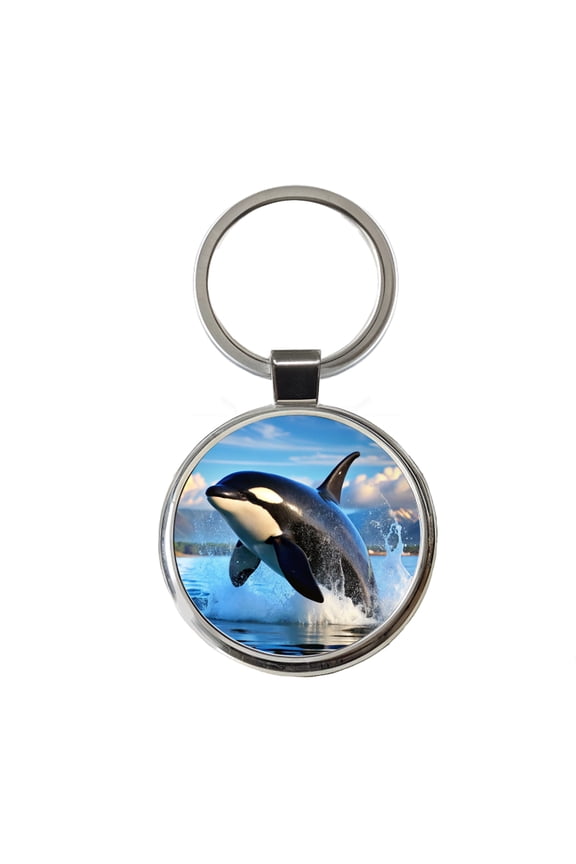 Orca Killer Whale Jumping Metal Round Keychain