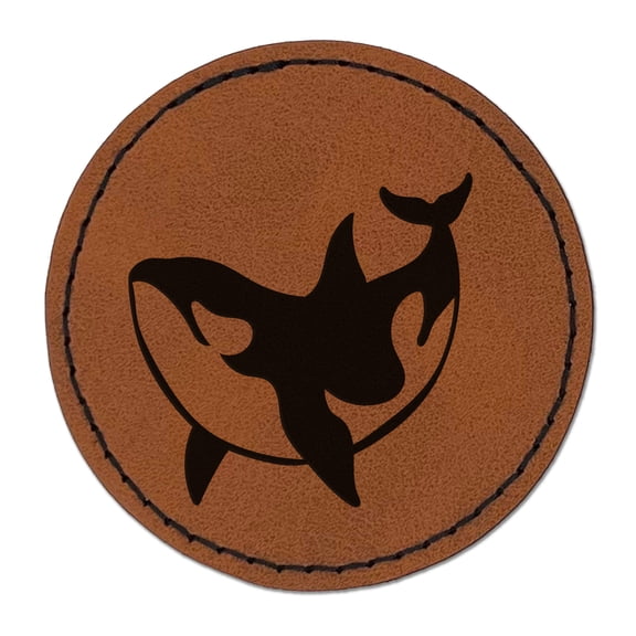 Orca Killer Whale Swimming 2.5" Faux Leather Round Engraved Iron-On Patch - Brown