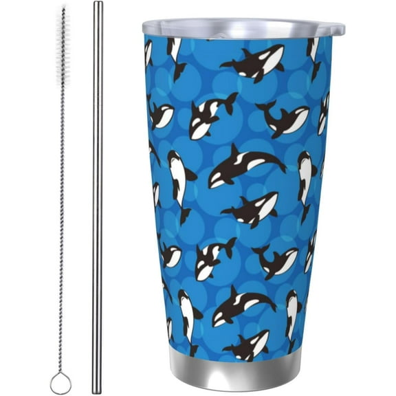 Orca Killer Whale Tumbler 20oz Animal Stainless Steel Vacuum Insulated Tumblers with Lid and Straw Dark Blue Travel Coffee Mug Tea Wine Cups Water Bottle Gifts for Women
