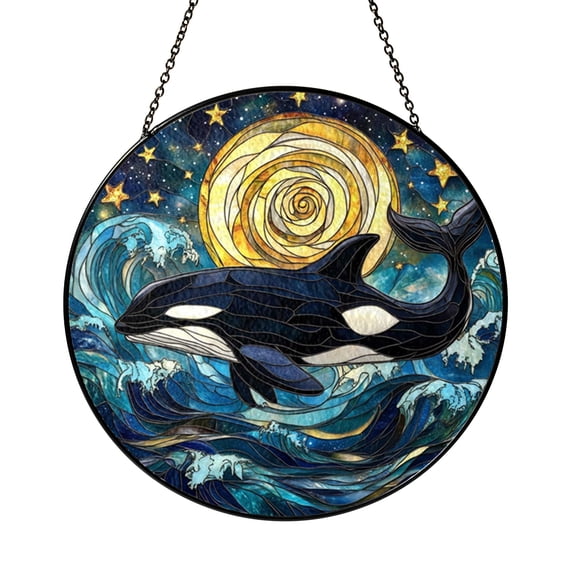 Orca Marine Life Window Decor – Night Sky Style Stained Glass
