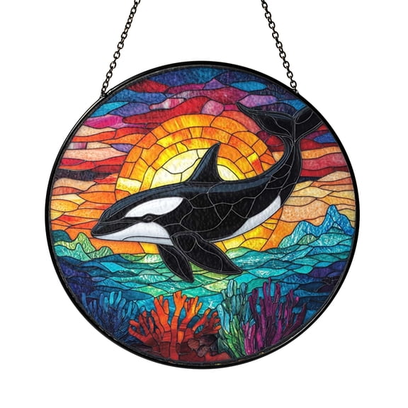 Orca Marine Stained Glass Style Suncatcher, Decorative Ocean Window Hanging