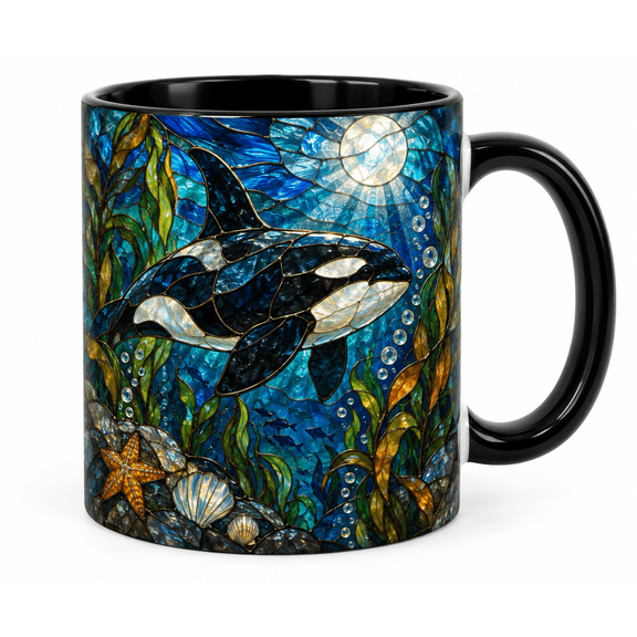 Orca Moonlit Ocean Stained Glass Accent Mug 11oz Sea Animal Coffee Cup