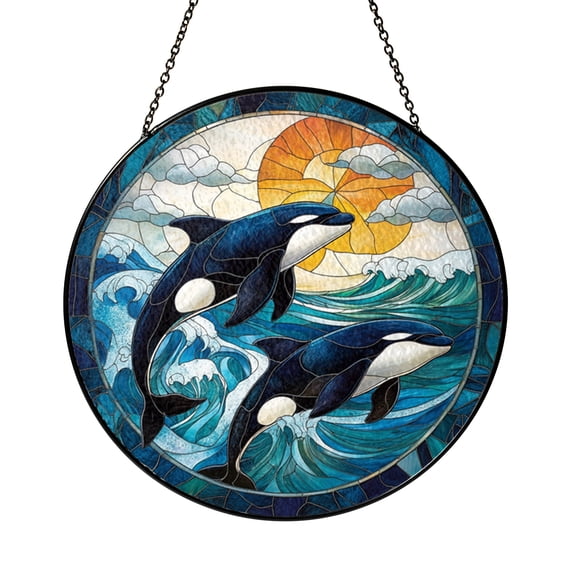Orca Ocean Window Hanging Decor, Stained Glass Style Fantasy Sea Suncatcher, Decorative Glass Panel for Windows