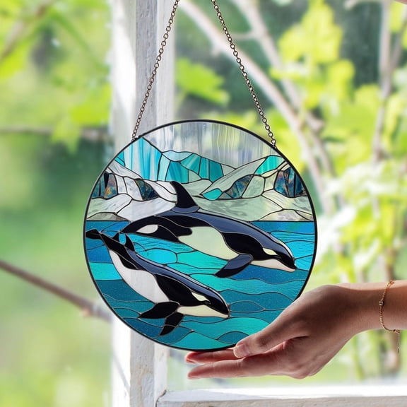 Orca Pod Glass Suncatcher, Ocean Whale Family Window Art, Marine Wildlife, 3.5 in