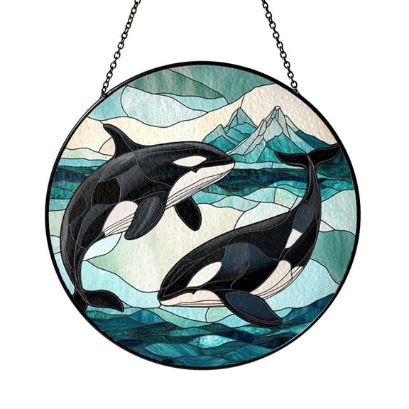 Orca Pod Stained Glass Window Suncatcher, Ocean Window Hanging Decor Featuring Multiple Orca Whales Swimming Together