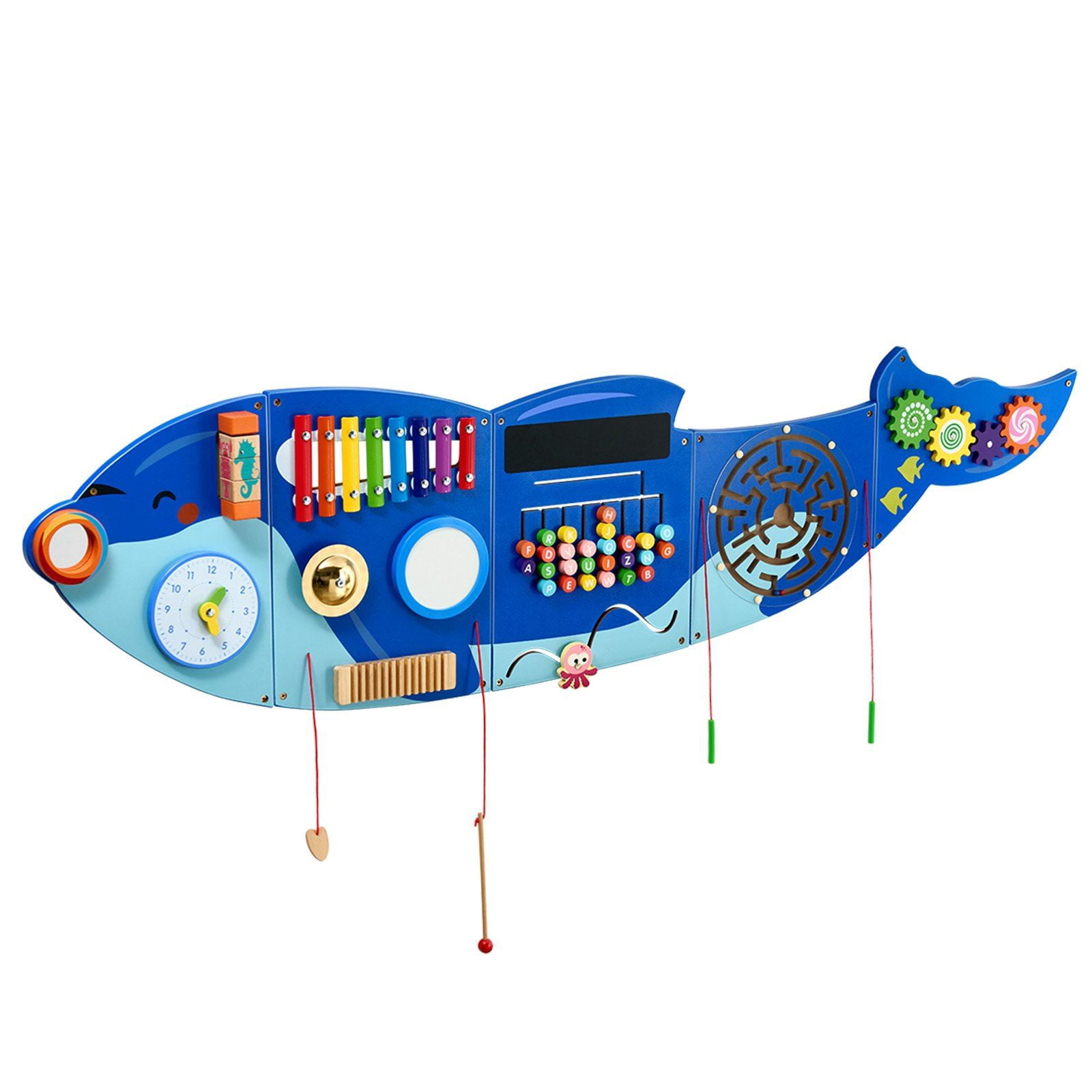JOYMOR Wooden Train Wall Busy Board - 5-in-1 Sensory Activity Panel For Toddlers | Montessori Learning Toy For Playroom