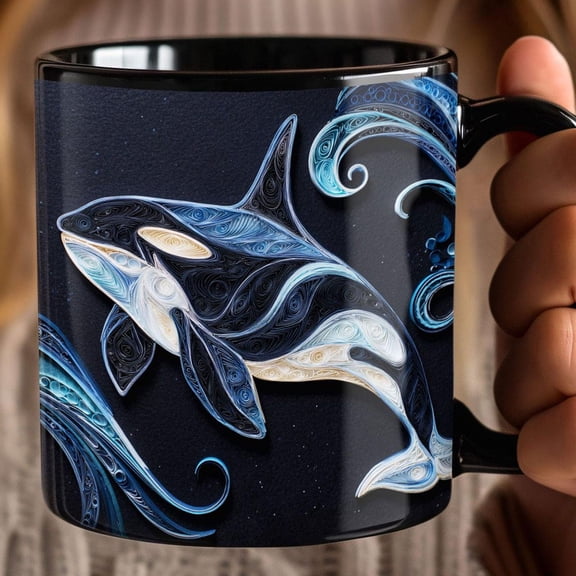 Orca Swimming Mug | Quilled-look, Black Ceramic Coffee Cup