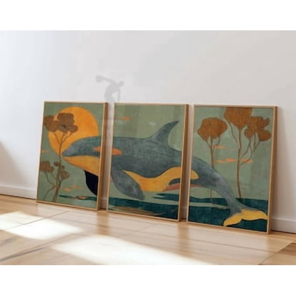 Orca Whale Art Print Set, Teal Amber Sunset Coastal Wall Decor, Stretched Canvas