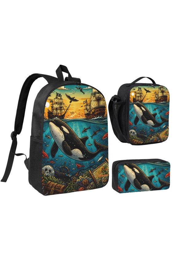 Orca Whale Backpack Set 3pc Including Backpack, Lunch Bag and Pen Bag Combination