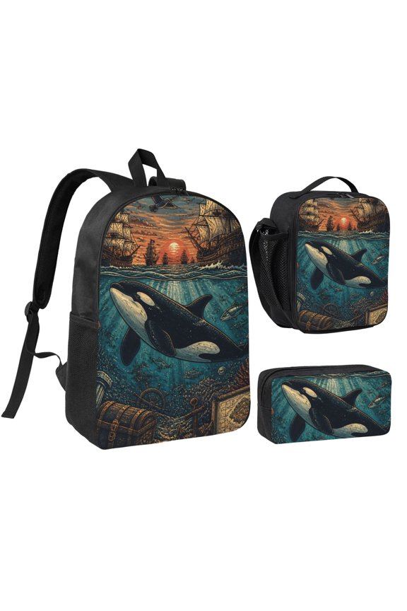 Orca Whale Backpack Set 3pc Including Backpack, Lunch Bag and Pen Bag Combination