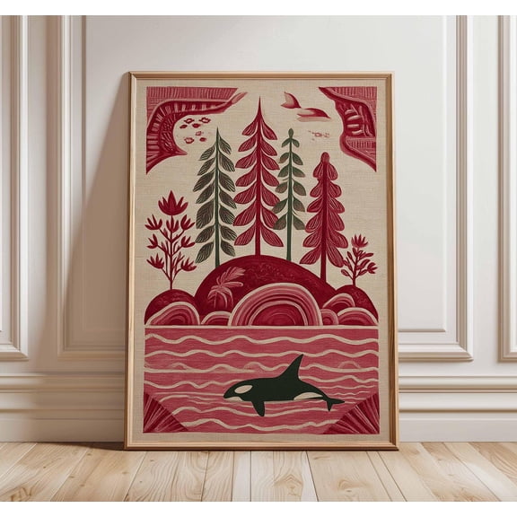 Orca Whale Coastal Nature With Ocean Forest And Wildlife Modern Nautical Decor For Beach Or Cabin Home Poster Wall Art Print