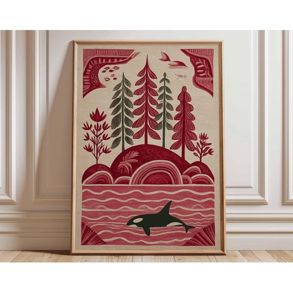 Orca Whale Coastal Ocean Forest Wildlife Wall Art Print, Unframed Paper Poster 8x10in