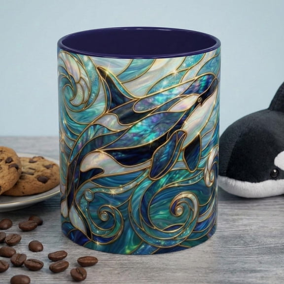Orca Whale Coffee Mug, Ocean Art Mug, Stained Glass Whale Design, Marine Life Gift, Ceramic Coffee Cup, 11oz 15oz Waves Mug, Coastal Decor