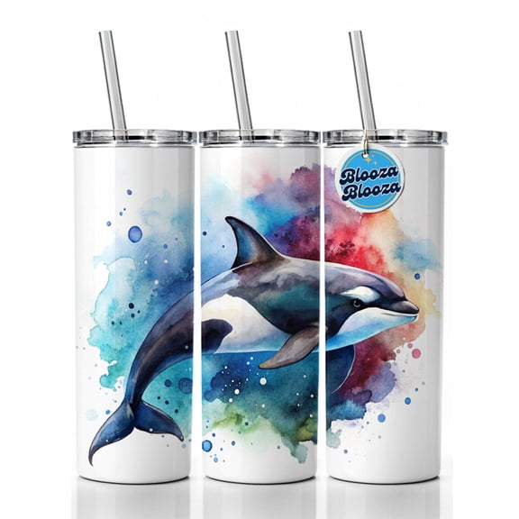 Orca Whale Colorful Watercolor Design 20oz Insulated Water Bottle Skinny Tumbler Includes Straw