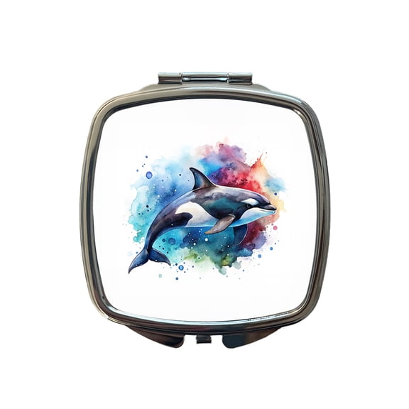 Orca Whale Colorful Watercolor Design Travel Makeup Handbag Purse Small Pocket Compact Mirror