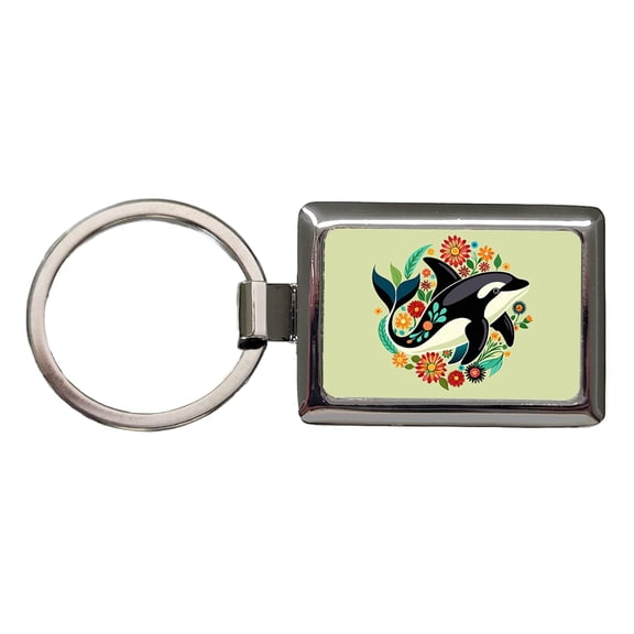 Orca Whale Floral Flowers Metal Rectangle Keychain