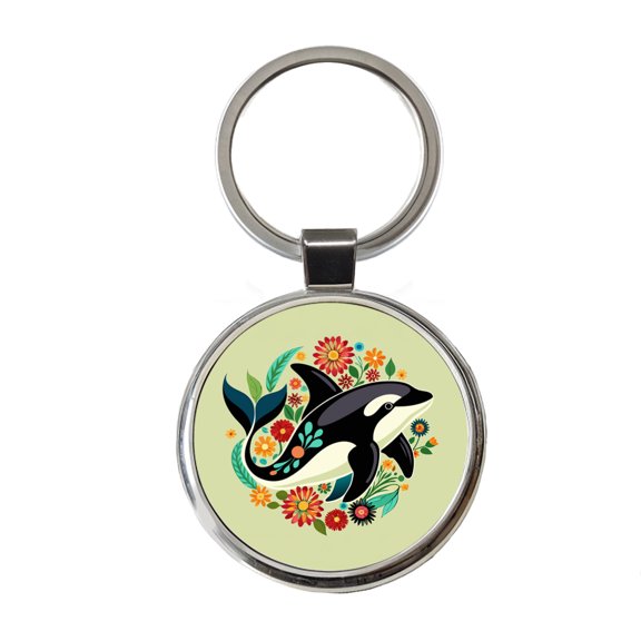Orca Whale Floral Flowers Metal Round Keychain