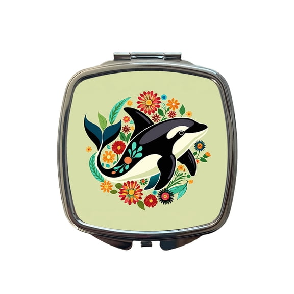 Orca Whale Floral Flowers Travel Makeup Handbag Purse Small Pocket Compact Mirror