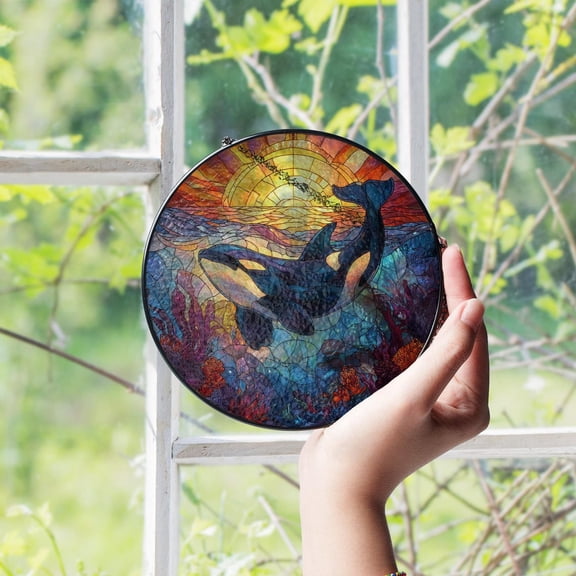 Orca Whale Glass Suncatcher, Ocean Marine Life Window Art, 3.5 in