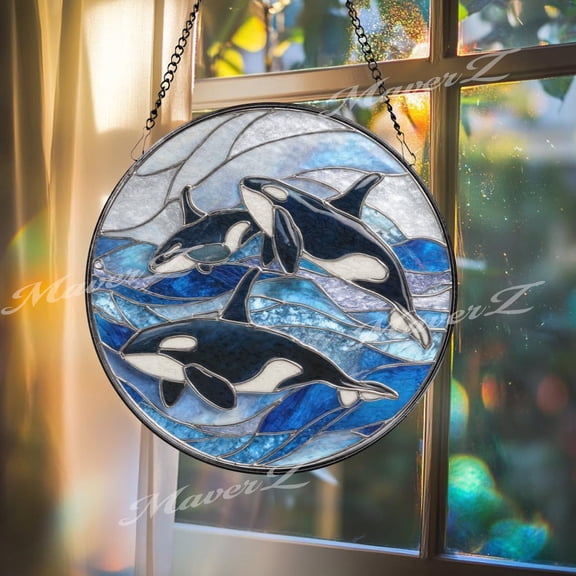 Orca Whale Glass Suncatcher, Ocean Wildlife Window Art, Marine Decor, 3.5 in