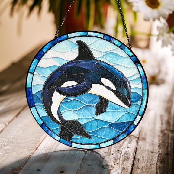 Orca Whale Glass Suncatcher v2, Ocean Marine Life Window Art, Sea Animal Home Decor, 3.5 in