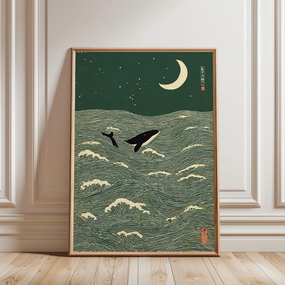 Orca Whale Japanese Woodblock Lino Green Cream Poster, Unframed Canvas 8x10in