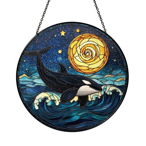 Orca Whale Night Sky Suncatcher – Stained Glass Style Ocean Window Decor