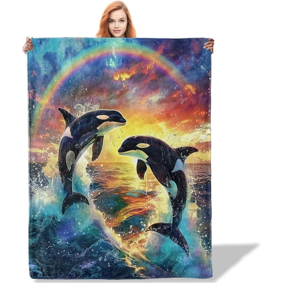 Orca Whale Ocean Rainbow Throw Blanket for Women Girls Boys, Soft Flannel Blankets Gifts for Living Room Couch, Home, Sofa Decor, 60x50 Inch