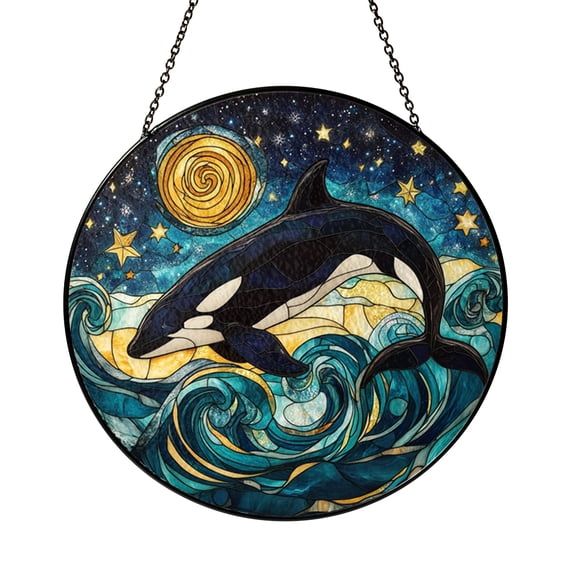 Orca Whale Stained Glass Suncatcher – Ocean Night Window Hanging Art