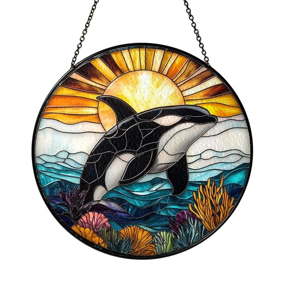 Orca Whale Stained Glass Suncatcher Window Hanging, Ocean Sunset Light Catcher Decor, Nautical Coastal Home Accent Gift